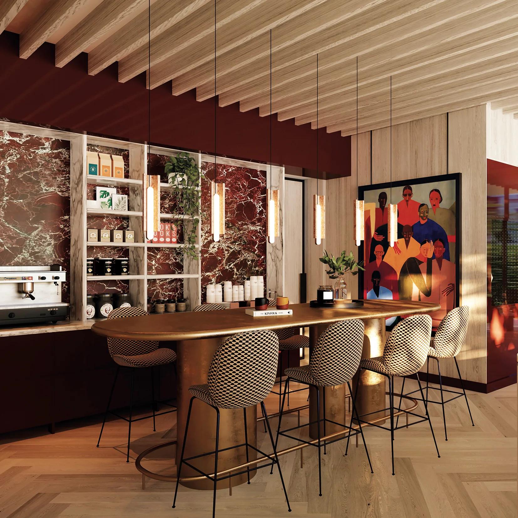 Marble bar counter with stools and coffee machine