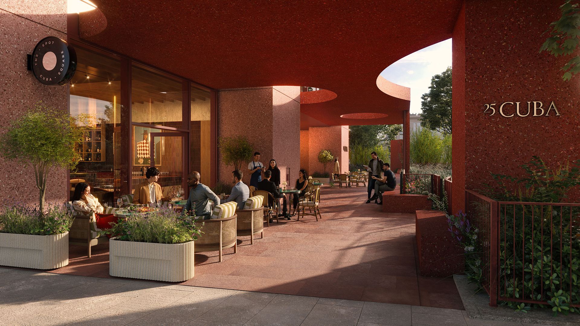 Seating under the red ceiling of the Garden Bar