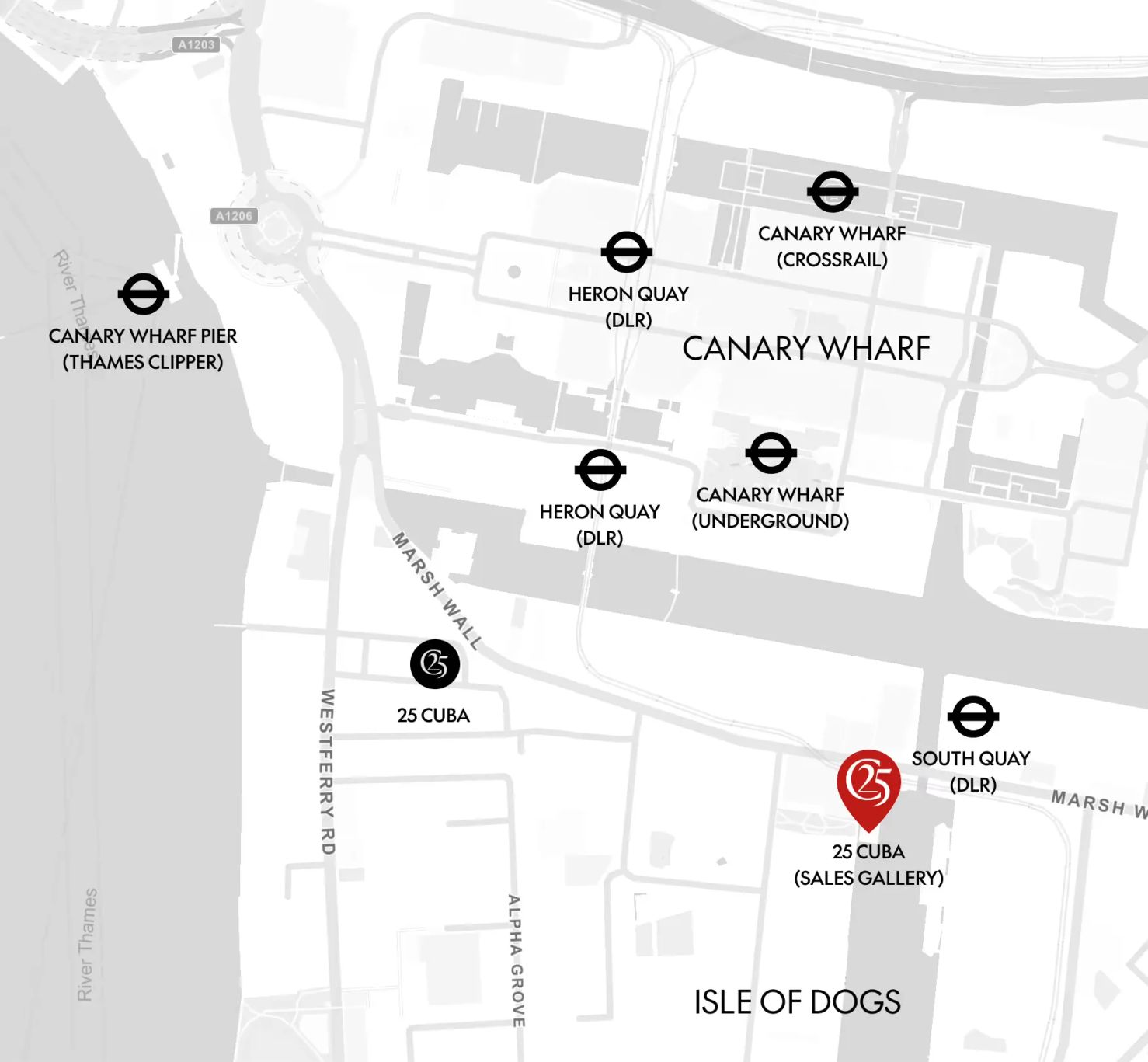 Map showing the 25 Cuba sales gallery at 76 Marsh Wall, London E14 9SL