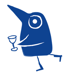 UNFILTERED festival mascot — a blue bird walking with a wine glass