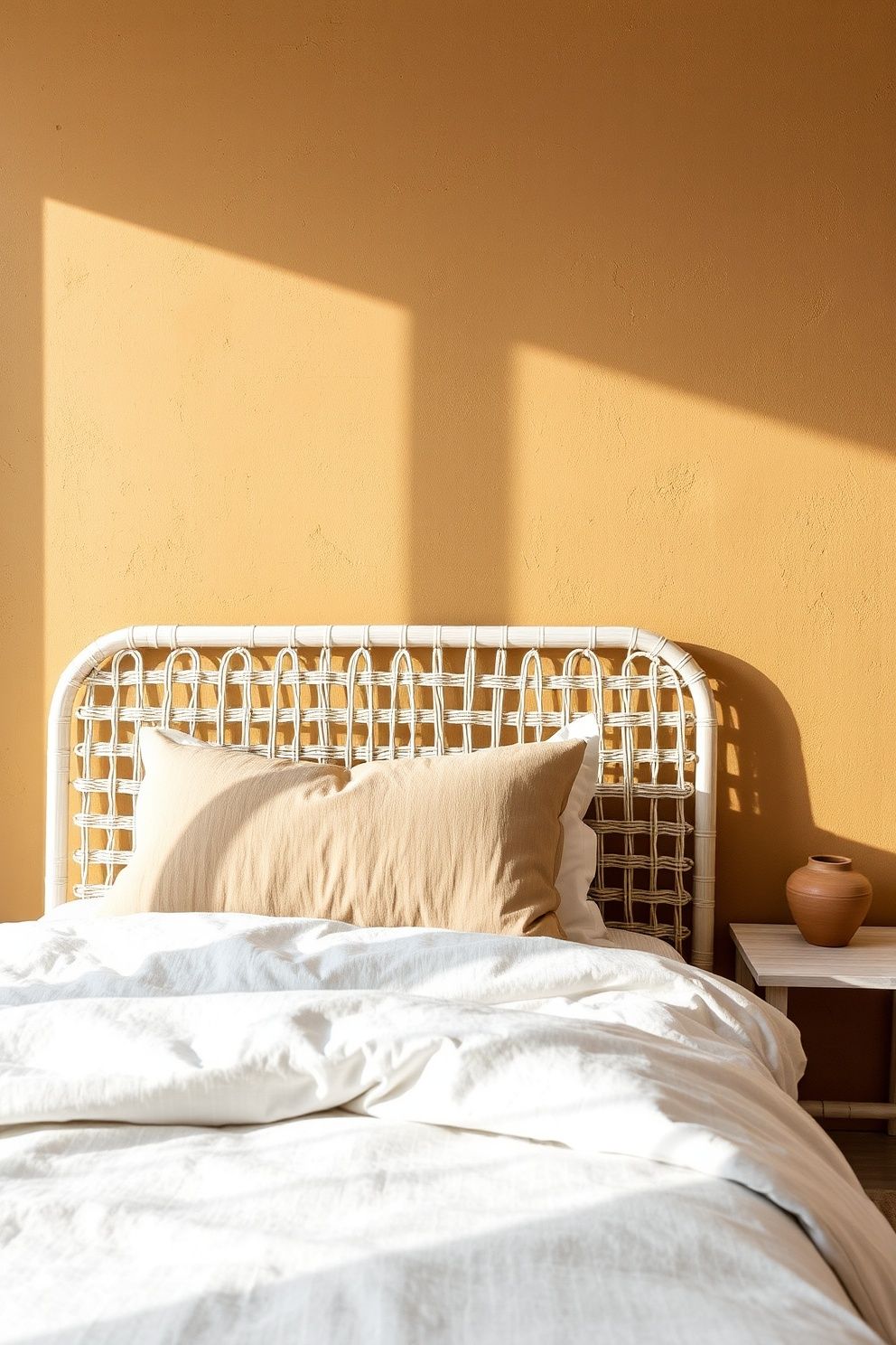 Raw Ochre Clay Wash Walls Paired With Whitewashed Rattan and Linen White Bedding – coastal — bedroom coastal — bedroom decor · Boho Coastal Bedroom: 15 Relaxed Layered Designs for the Free-Spirited Decorator