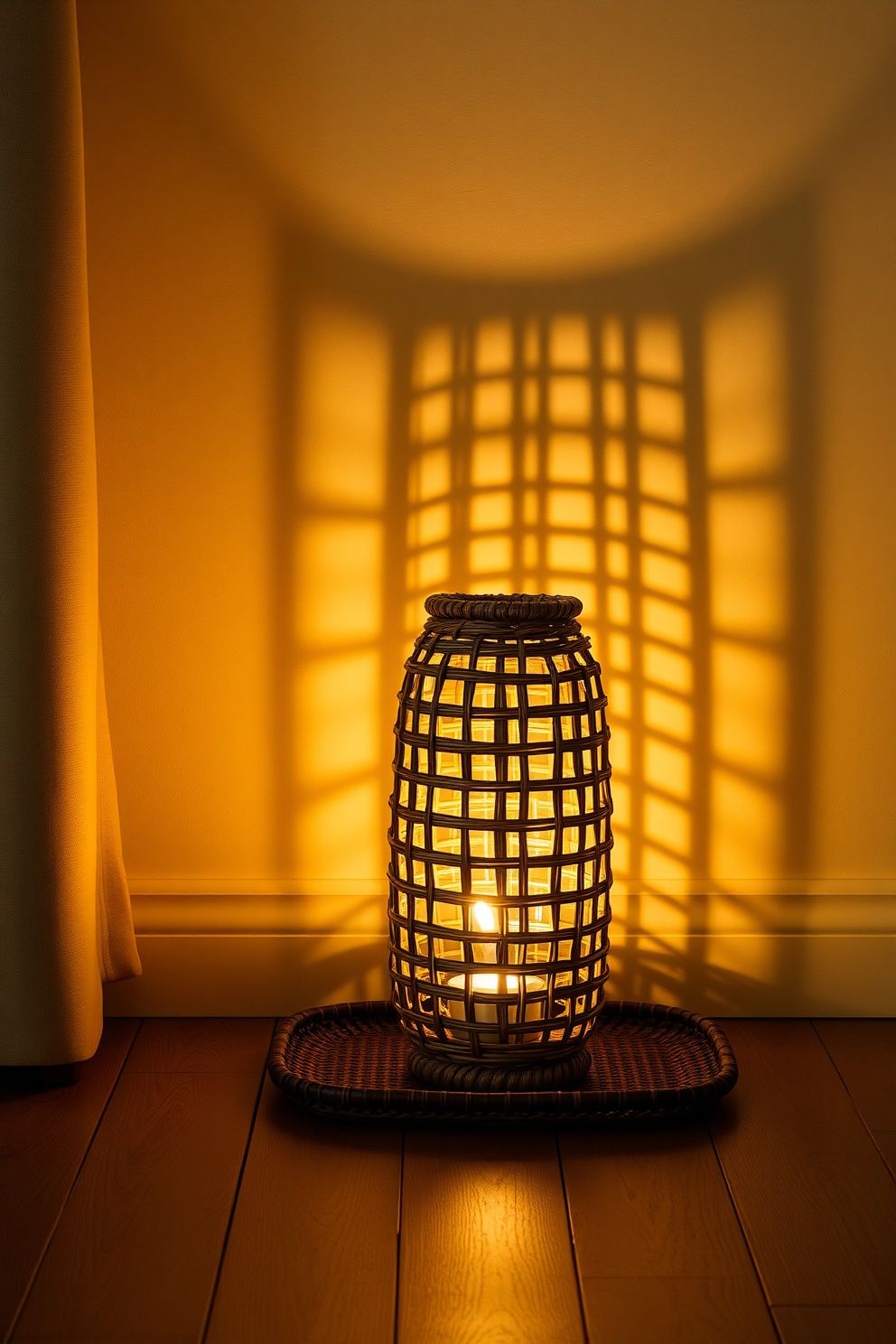 Tea Lights Inside a Woven Seagrass Lantern at Skirting Height – japandi — living room japandi — living room decor · 18 Cozy Japandi Living Room Ideas That Feel Like a Warm Hug