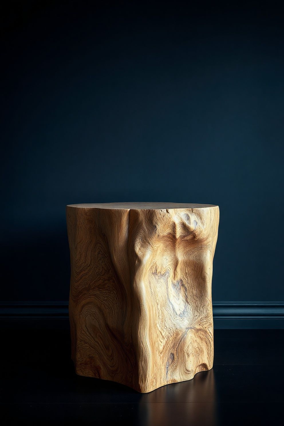 Burl Oak Side Table Floating Against Deep Navy – japandi — living room japandi — living room decor · 10 Dark Japandi Living Room Ideas for a Moody Atmospheric Home