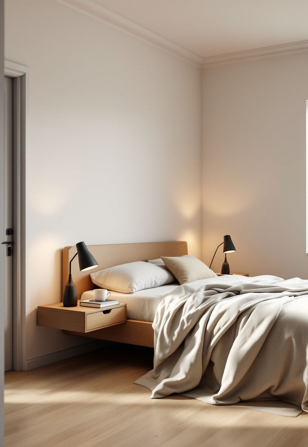 Nightstands Under 25cm Deep for a Tight Japandi Apartment Bedroom on Warm Bone – japandi — bedroom japandi — bedroom decor · 13 Small Japandi Bedroom Ideas That Feel Spacious and Serene