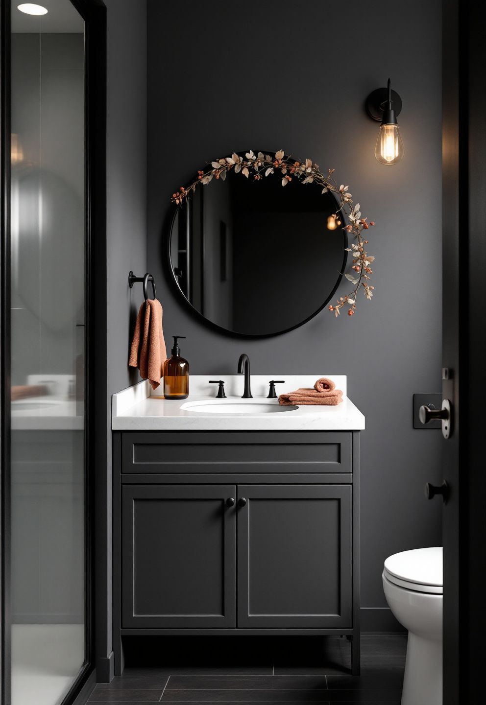 Deep Charcoal or Oxblood Walls With an Amber Glass Soap Dispenser and One Rust Hand Towel – seasonal — fall seasonal — fall decor · Fall Bathroom Decor: 16 Cozy Autumn Touches That Transform the Most Private Room