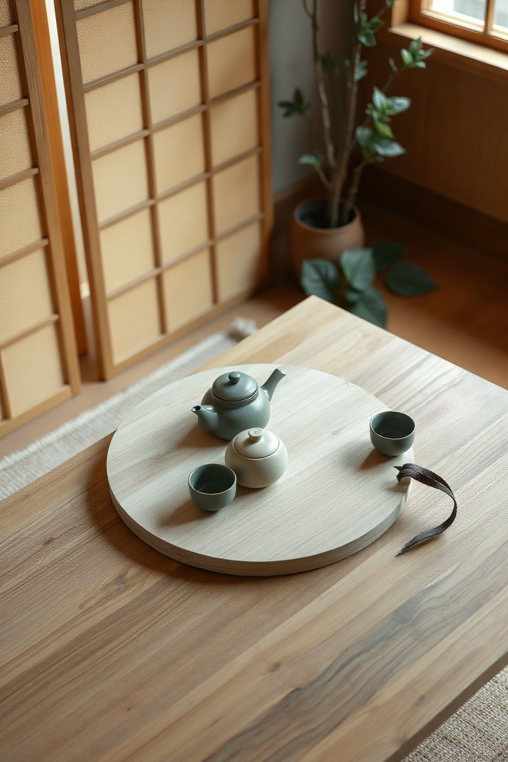 A Round Hinoki Wood Tray for Tea – Japandi living room decor · 17 Japandi Living Room Decor Ideas You Will Want to Steal Right Now