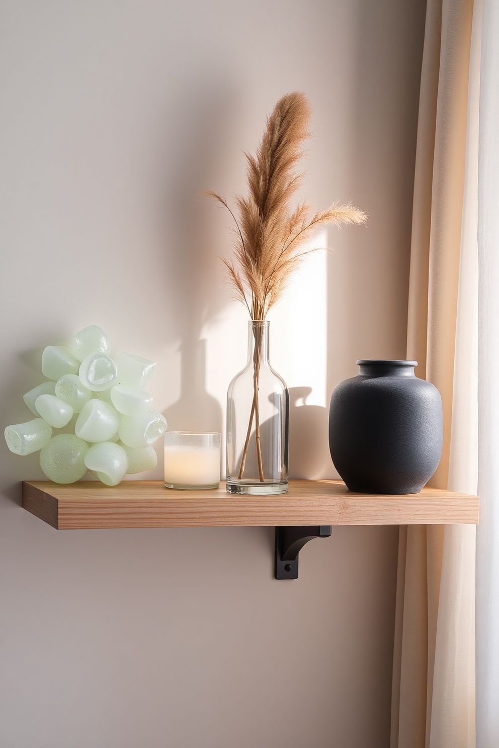 Floating Bleached-Oak Shelf With Sea Glass Vessels, Dried Pampas and a Matte Ink-Blue Jar – coastal — bedroom coastal — bedroom decor · Aesthetic Coastal Bedroom: 15 Pinterest-Perfect Designs That Stop the Scroll