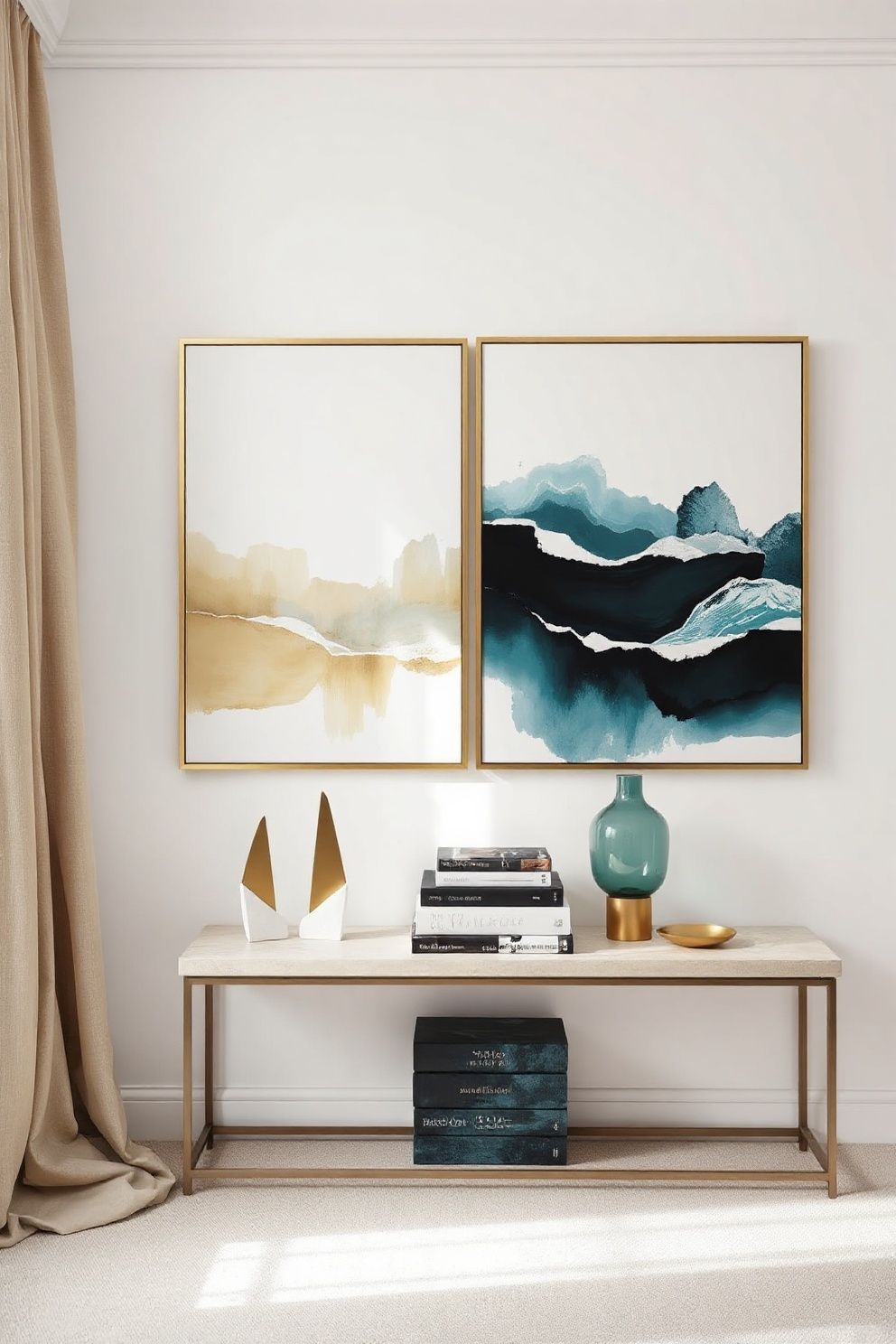 Diptych Abstract Ocean Print in Bleached Sand and Deep Teal in Wide Brass Frames – coastal — bedroom coastal — bedroom decor · Coastal Chic Bedroom: 14 Elegant Designs for a Luxury Beach House Feeling