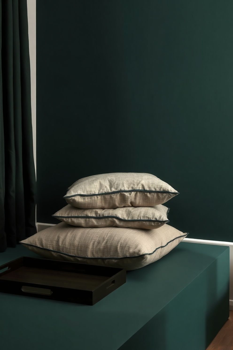 Raw Linen Floor Cushion Stack on Dark Green – japandi — living room japandi — living room decor · 10 Dark Japandi Living Room Ideas for a Moody Atmospheric Home