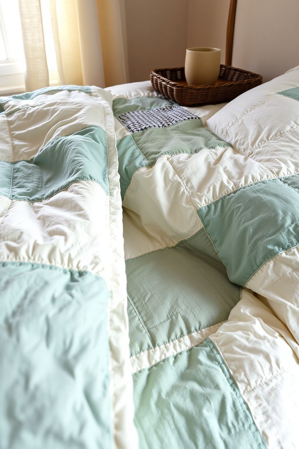 Patchwork Sea-Toned Quilt Over White Crinkle-Cotton Base Sheets – coastal — bedroom coastal — bedroom decor · Coastal Cottage Bedroom: 15 Charming Designs Full of Character and Relaxed Beauty