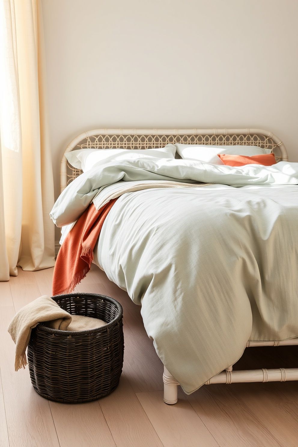 Low Rattan Platform Bed With an Oversized Pastel Ocean-Toned Duvet – coastal — bedroom coastal — bedroom decor · Coastal Granddaughter Bedroom: 14 Modern Youthful Takes on Classic Beach Style