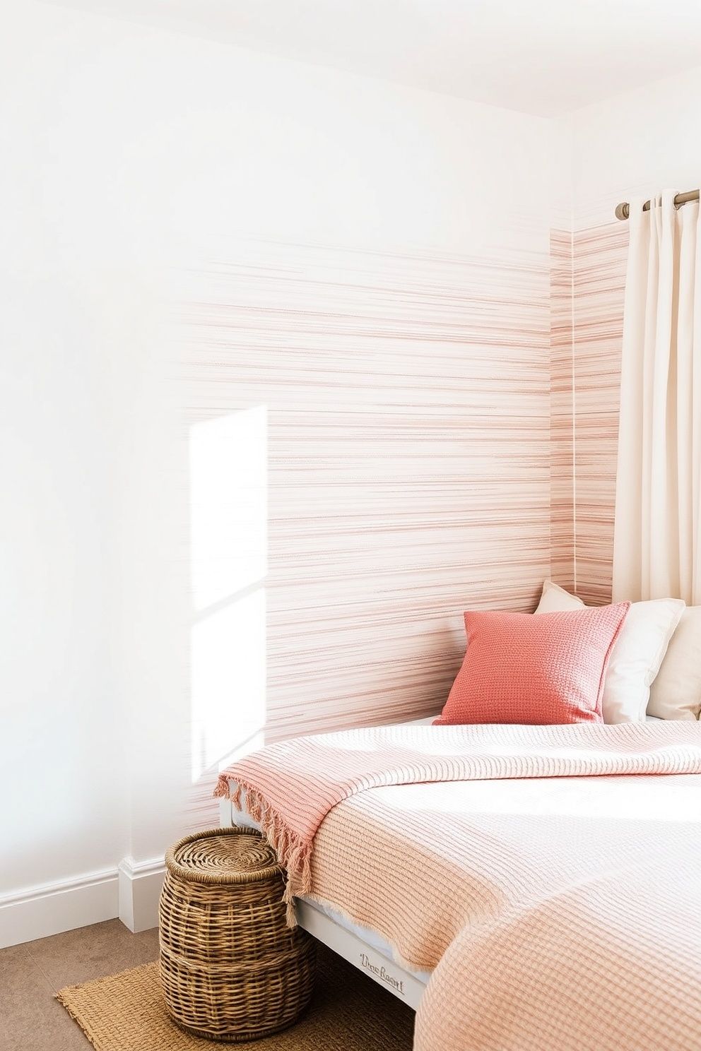 Pale Pink Grasscloth Wallpaper on a Single Feature Wall – coastal — bedroom coastal — bedroom decor · Pink Coastal Bedroom: 16 Fresh Feminine Designs That Feel Like a Permanent Holiday