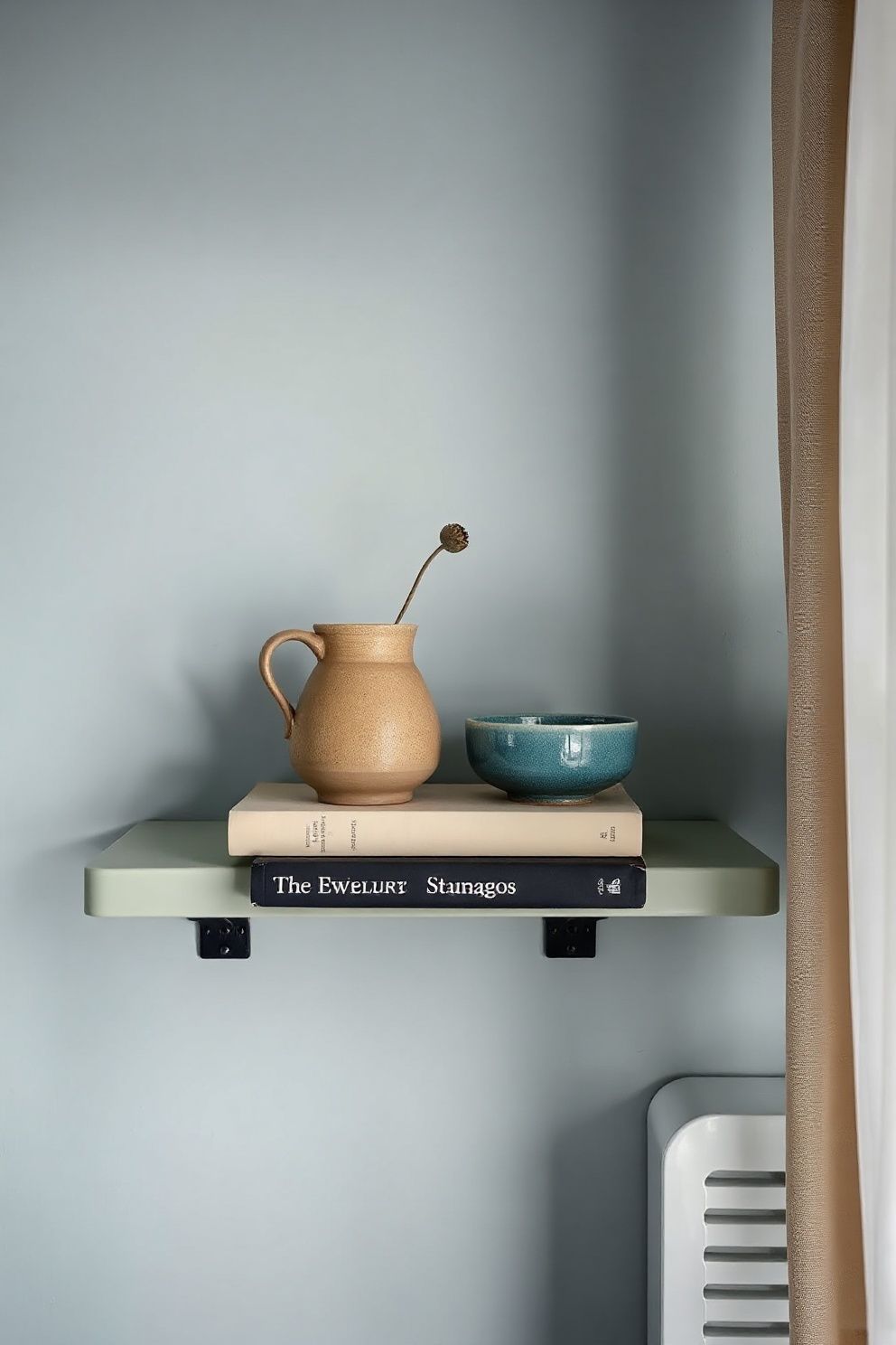 Open Pine Shelf Painted Pale Sage Holding Stacked Vintage Books and Ceramics – coastal — bedroom coastal — bedroom decor · Coastal Cottage Bedroom: 15 Charming Designs Full of Character and Relaxed Beauty
