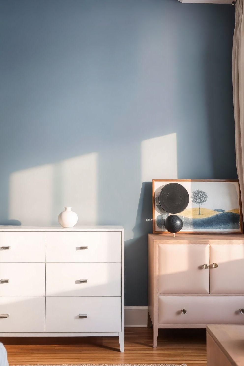 Sand Walls, White Trim, and Navy Blue Pillows for a Warm Ocean Feel – Japandi coastal —-bedroom decor · Modern Coastal Bedroom: 16 Clean Airy Designs With a Fresh Ocean Feel