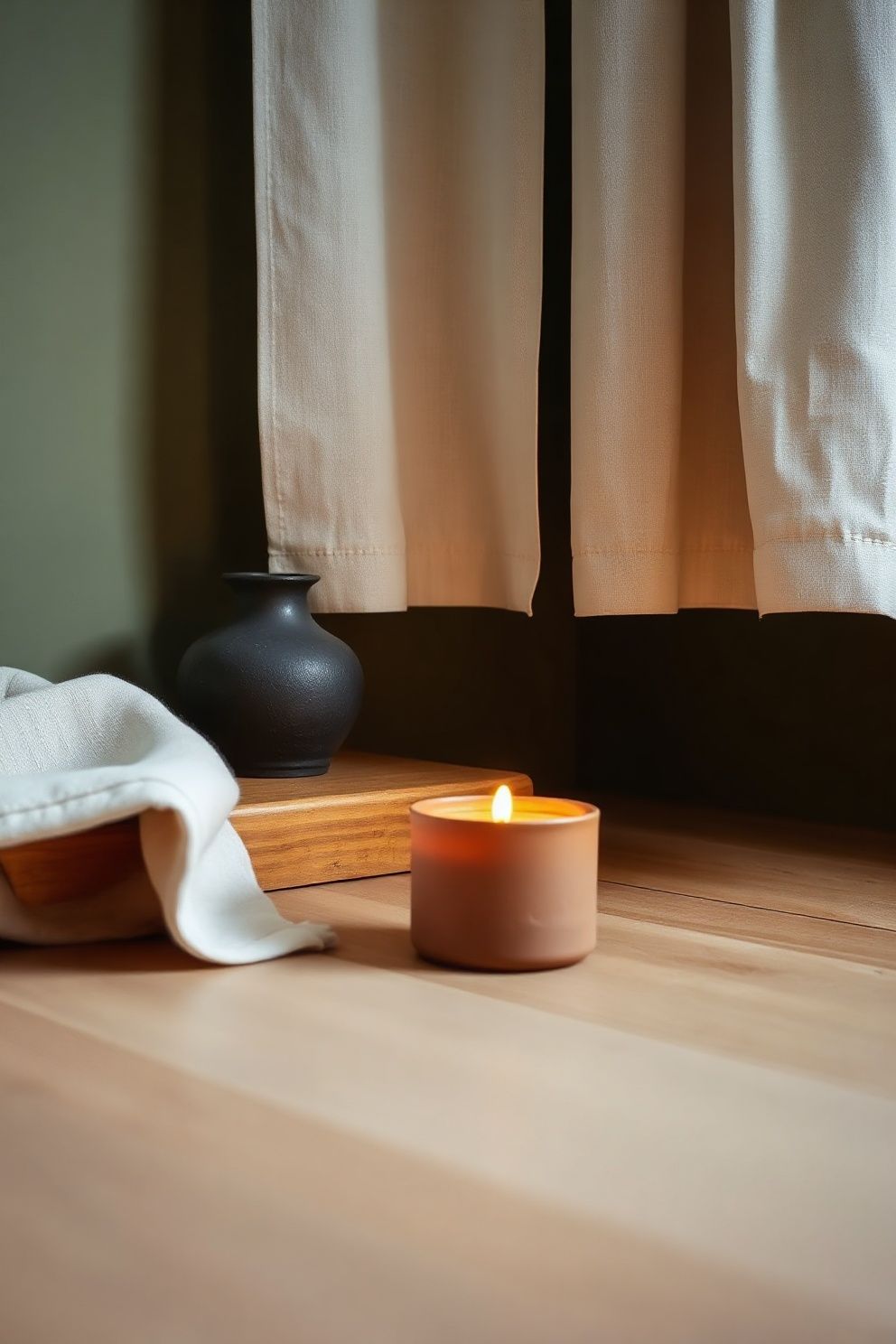 A Beeswax Taper in a Matte Clay Holder on the Floor Corner – japandi — living room japandi — living room decor · 18 Cozy Japandi Living Room Ideas That Feel Like a Warm Hug