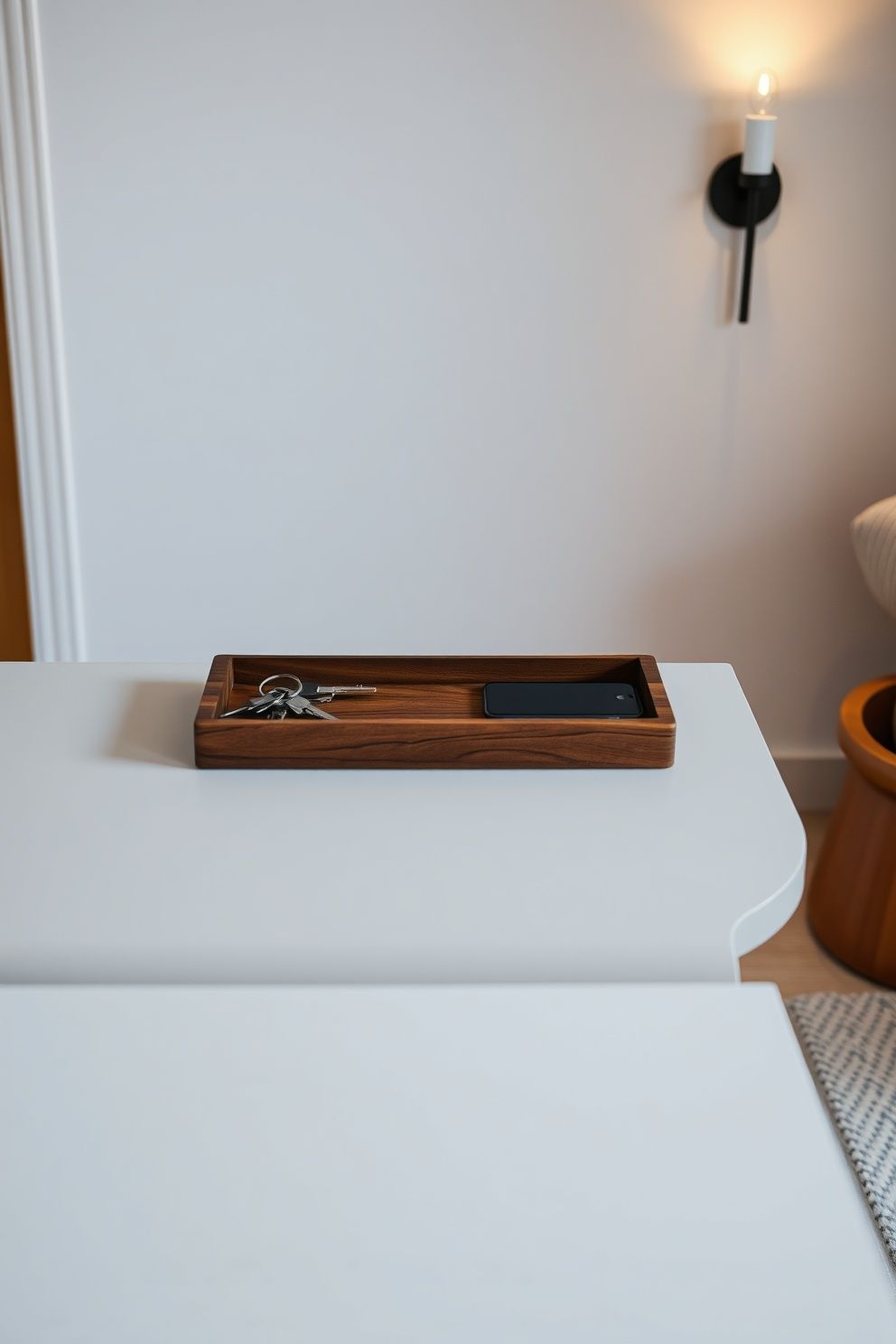 A Slim Walnut Catch Tray by the Door – Japandi living room decor · 17 Japandi Living Room Decor Ideas You Will Want to Steal Right Now
