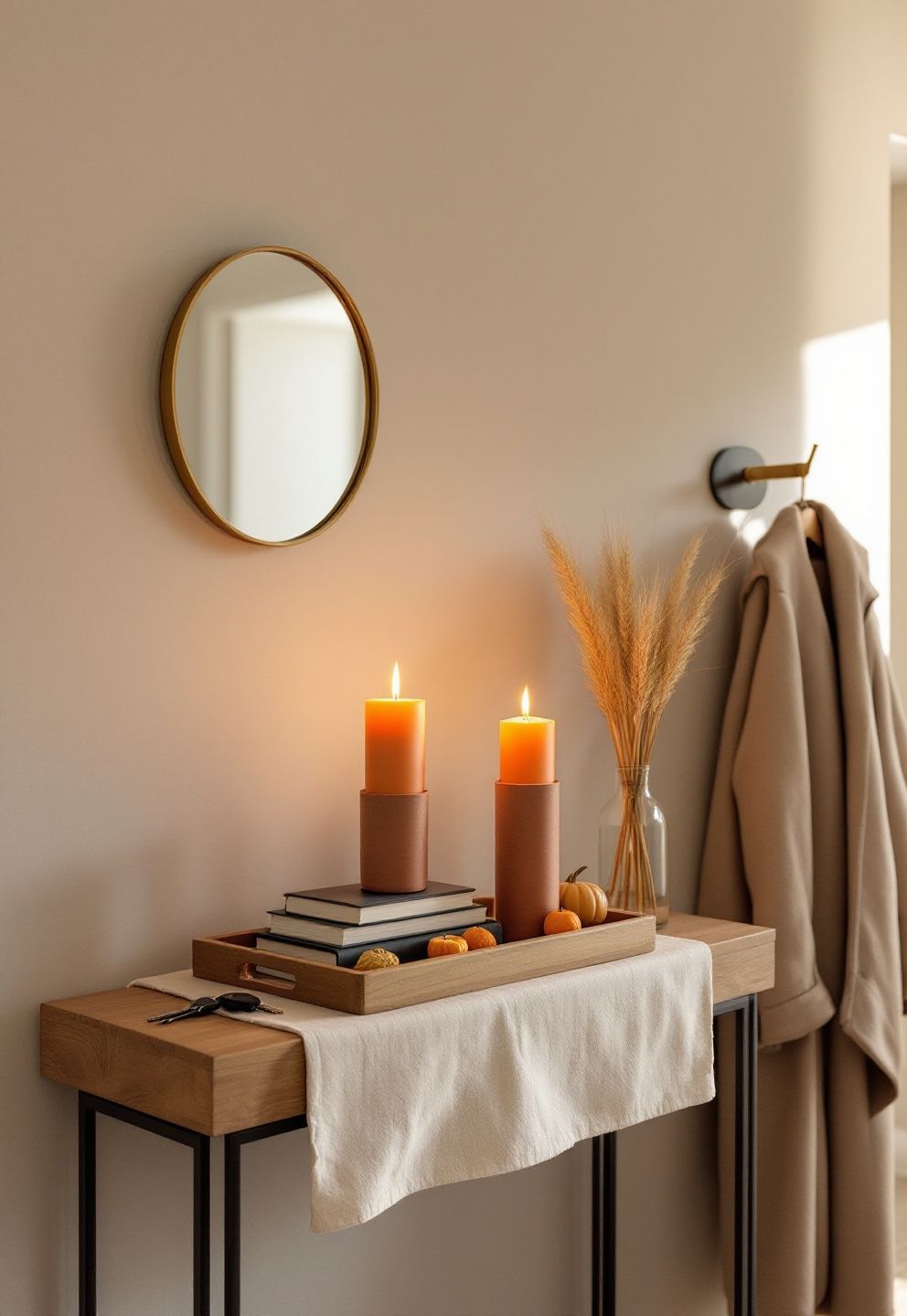 Entry Table Vignette With Warm Stacked Lighting and Seasonal Texture – seasonal — fall seasonal — fall decor · Thanksgiving Home Decor: 18 Warm Beautiful Designs to Celebrate the Season