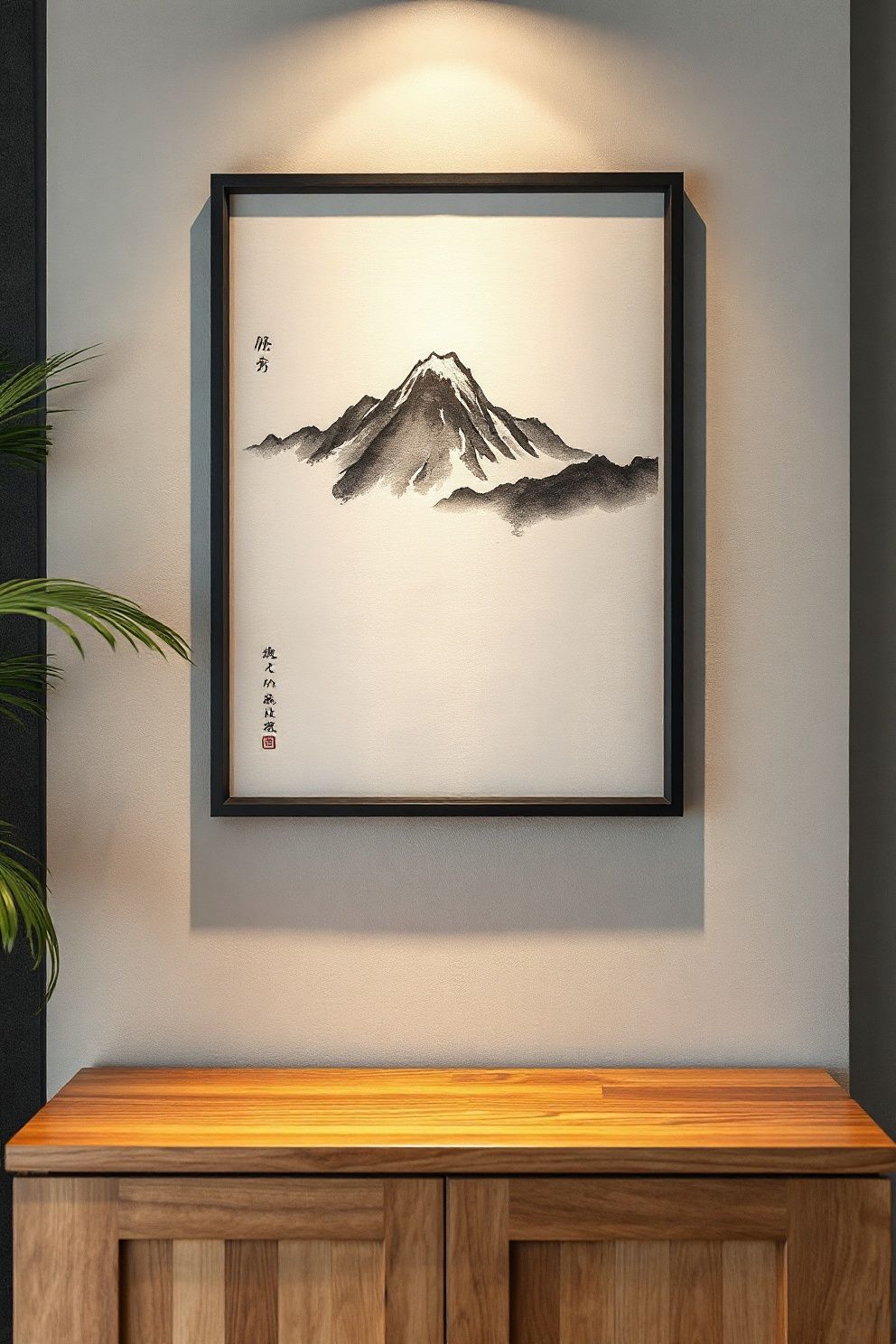 Choose a Tonal Art Piece in Sumi-e Style – Japandi living room · 23 Japandi Living Room Ideas That Feel Calm and Effortlessly Beautiful
