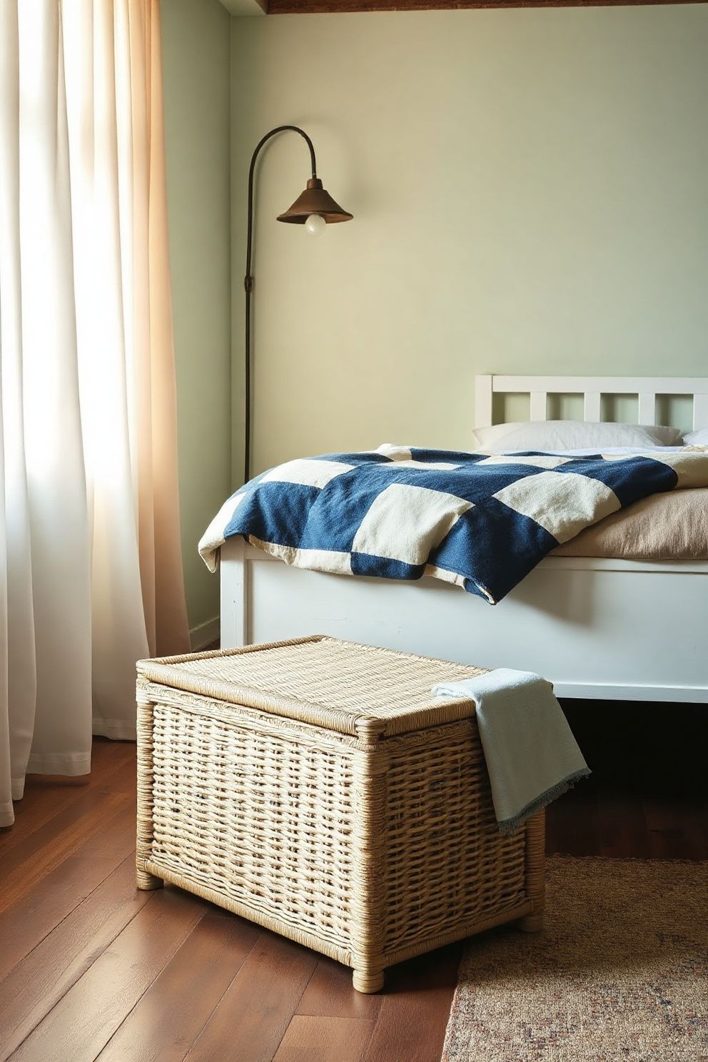Wicker Trunk at the Foot of the Bed as Both Storage and Seat – coastal — bedroom coastal — bedroom decor · Coastal Cottage Bedroom: 15 Charming Designs Full of Character and Relaxed Beauty