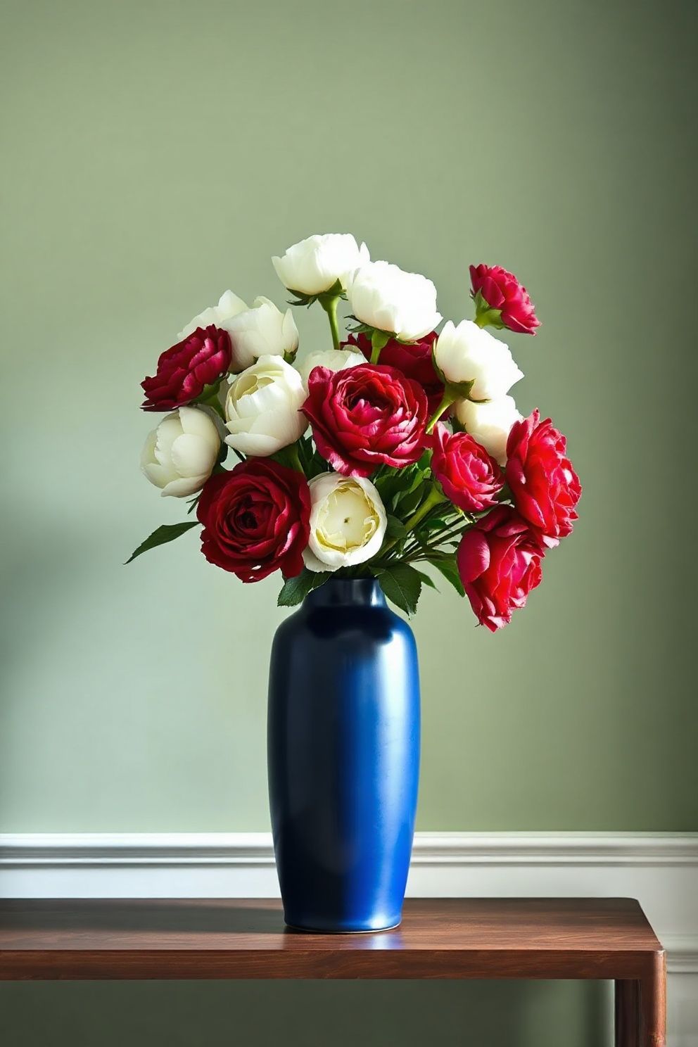 Blue Ceramic Vase Filled with White Peonies and Red Ranunculus – seasonal — spring + other seasonal — spring + other decor · 4th of July Home Decor: 16 Patriotic Designs That Celebrate America in Style