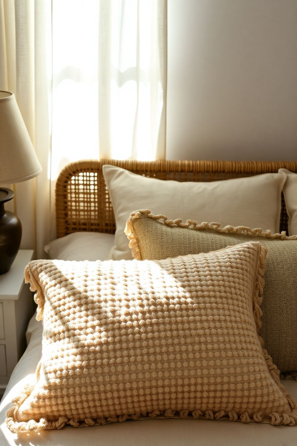 Boucle Euro Shams Stacked in Front of Linen Sleeping Pillows – coastal — bedroom coastal — bedroom decor · Cozy Coastal Bedroom: 16 Texture-Rich Ideas That Feel Like a Permanent Beach Holiday