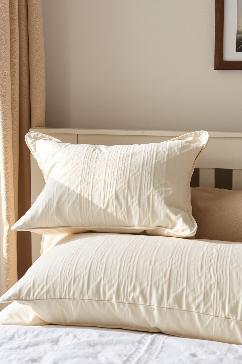 Cream Matelasse Pillowcases Stacked With Oat Linen Sleeping Pillows – coastal — bedroom coastal — bedroom decor · Neutral Coastal Bedroom: 15 Calm Designs in Sand Cream and Warm White