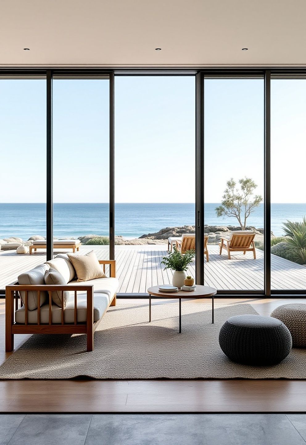 Folding Glass Wall Open to a Weathered Teak Deck – coastal — living room coastal — living room decor · Coastal Living Room Ideas: 20 Beautiful Designs That Bring the Beach Home