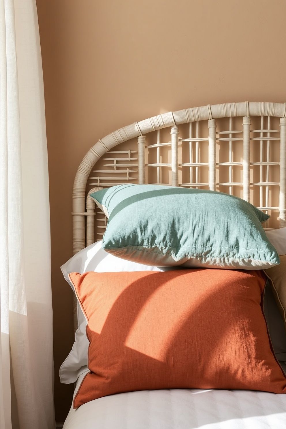 Mixed Slubbed Cotton Pillows in Dusty Teal Terracotta and Warm Sand – coastal — bedroom coastal — bedroom decor · Boho Coastal Bedroom: 15 Relaxed Layered Designs for the Free-Spirited Decorator