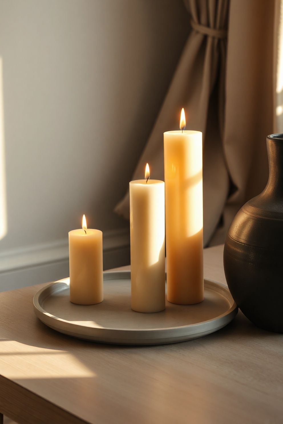 Three Unscented Pillar Candles Grouped on a Low Stone Tray – japandi — living room japandi — living room decor · 18 Cozy Japandi Living Room Ideas That Feel Like a Warm Hug