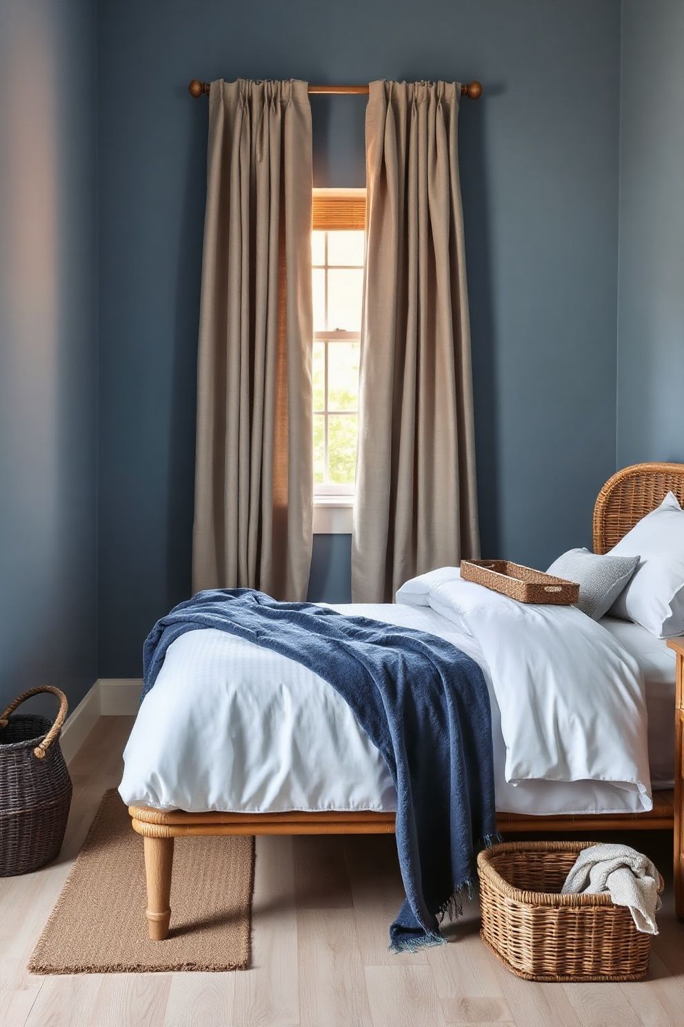 Blue Coastal Bedrooms With Natural Texture as the Contrast