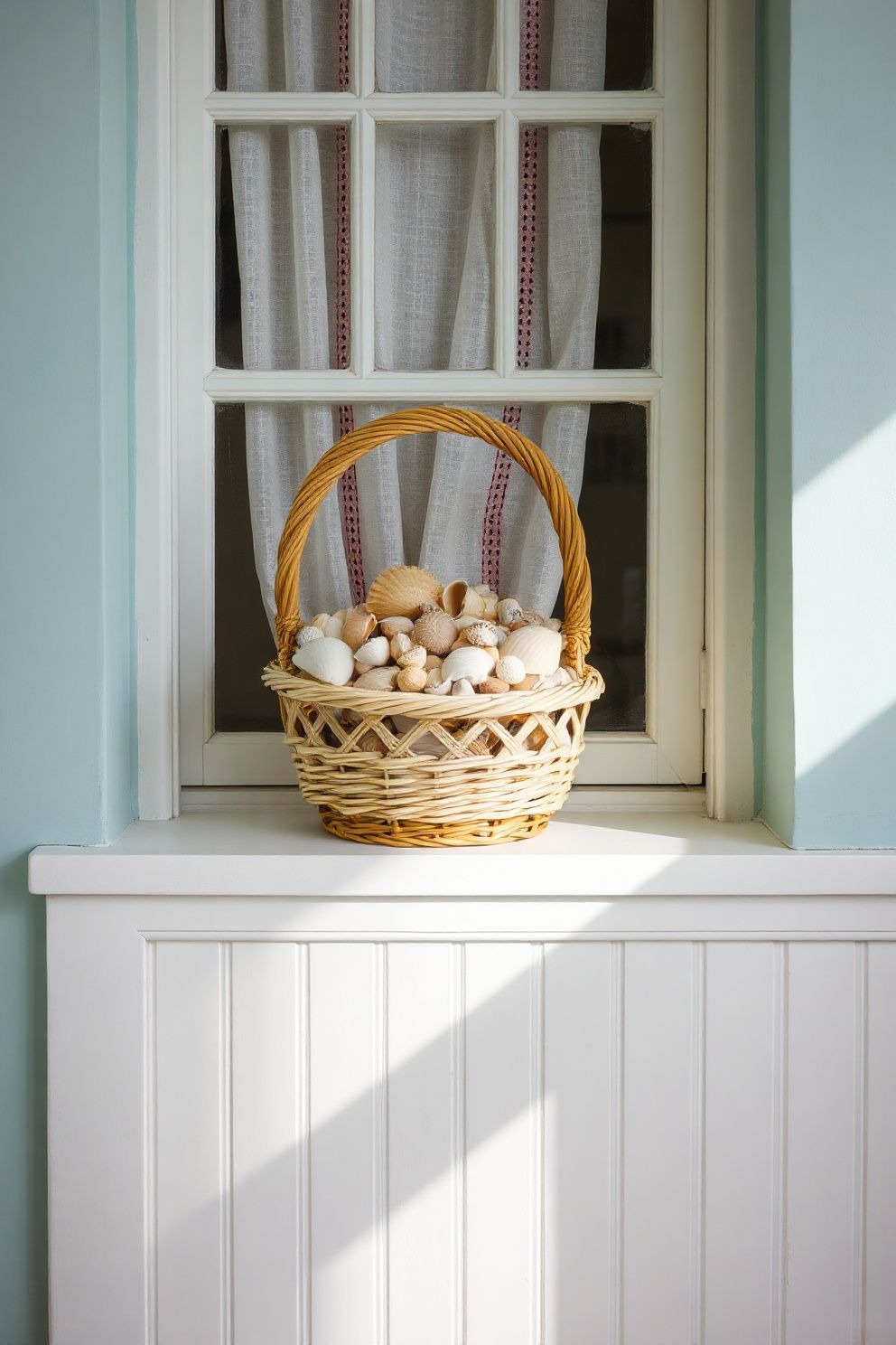 Loose Shell Collection in an Open Weave Basket on the Windowsill – coastal — bedroom coastal — bedroom decor · Coastal Cottage Bedroom: 15 Charming Designs Full of Character and Relaxed Beauty