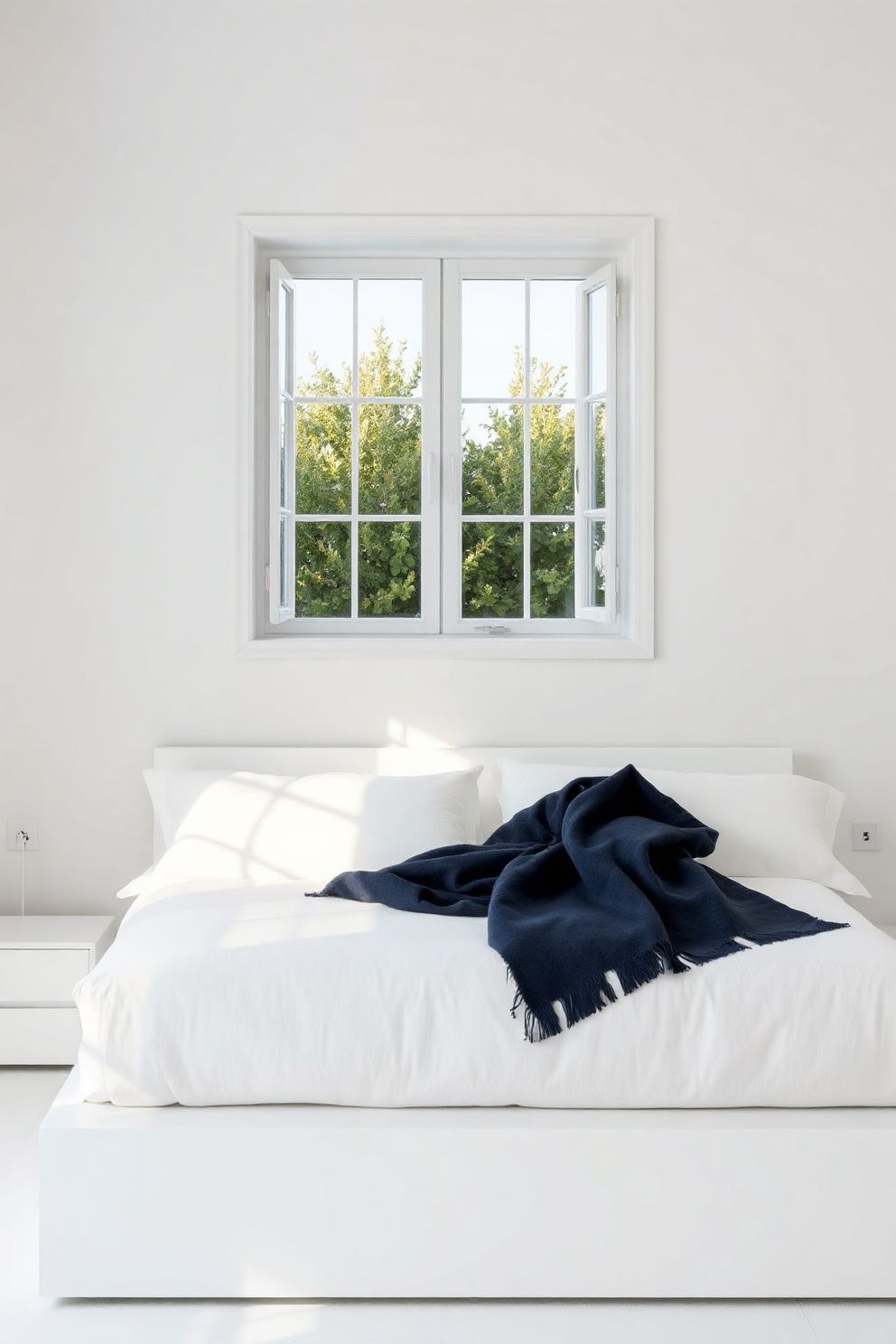 Navy Accent Wall Behind the Bed With All-White Furniture – Japandi coastal —-bedroom decor · Modern Coastal Bedroom: 16 Clean Airy Designs With a Fresh Ocean Feel
