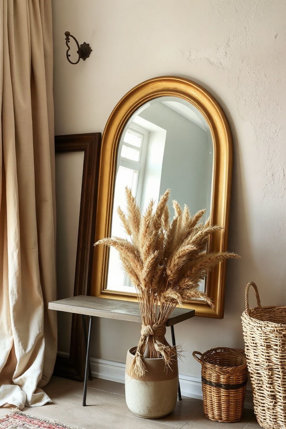 Domed Gilt Mirror Leaning Against Limewash Wall With Dried Grasses Below – coastal — bedroom coastal — bedroom decor · Coastal Cottage Bedroom: 15 Charming Designs Full of Character and Relaxed Beauty