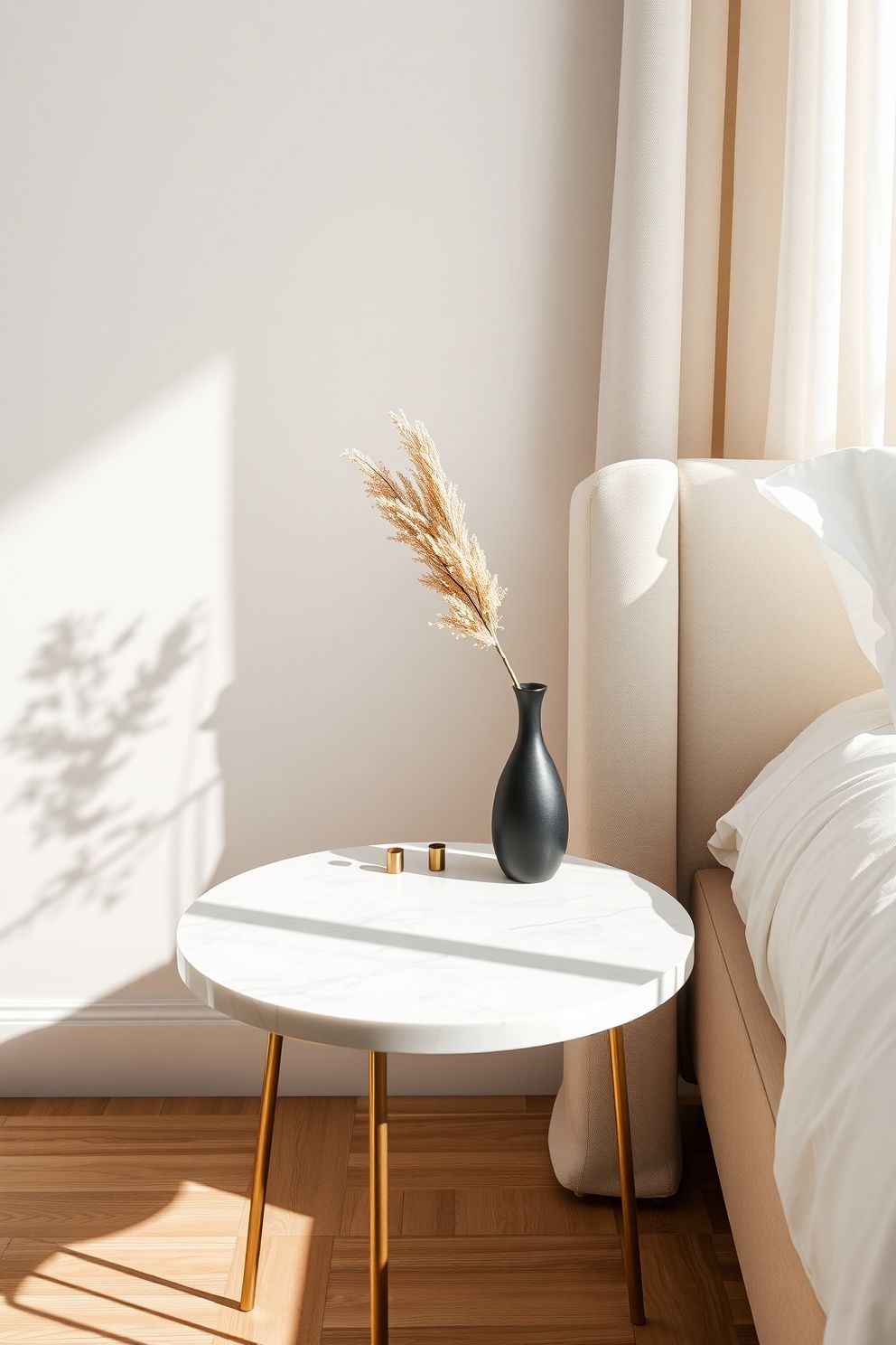 White Carrara Marble Round Side Table on Slim Brushed Brass Legs – coastal — bedroom coastal — bedroom decor · Coastal Chic Bedroom: 14 Elegant Designs for a Luxury Beach House Feeling