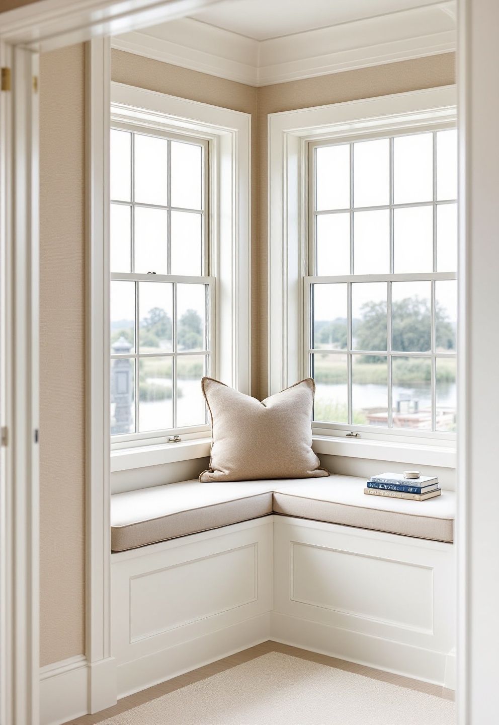 Corner Windows Meeting at a Seat, Pale Grasscloth Behind – coastal — living room coastal — living room decor · Coastal Living Room Ideas: 20 Beautiful Designs That Bring the Beach Home