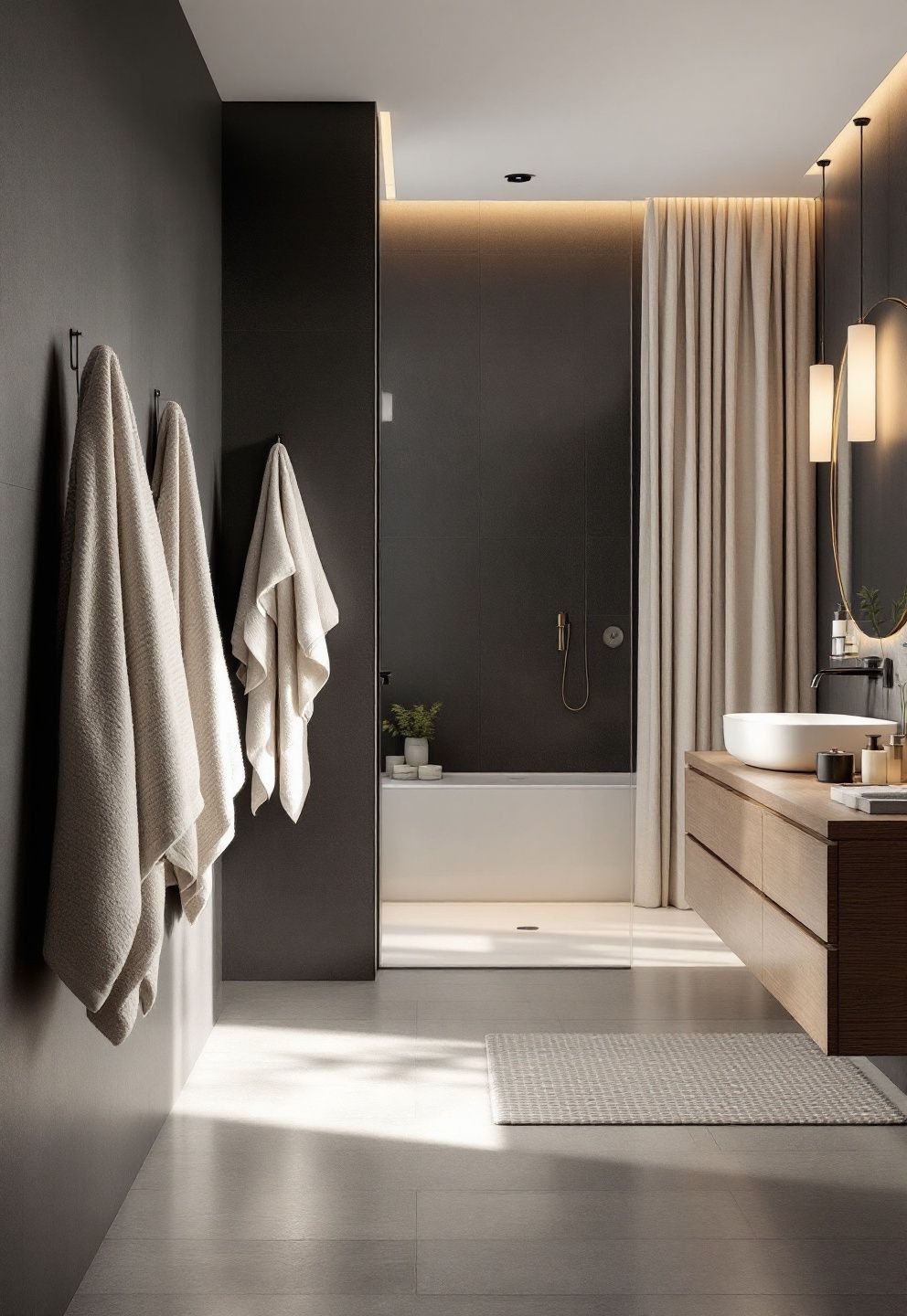 Towel and Shower Curtain Pairings That Don't Disappear Into Dark Walls – japandi — bathroom japandi — bathroom decor · 11 Dark Japandi Bathroom Ideas With a Rich and Moody Atmosphere