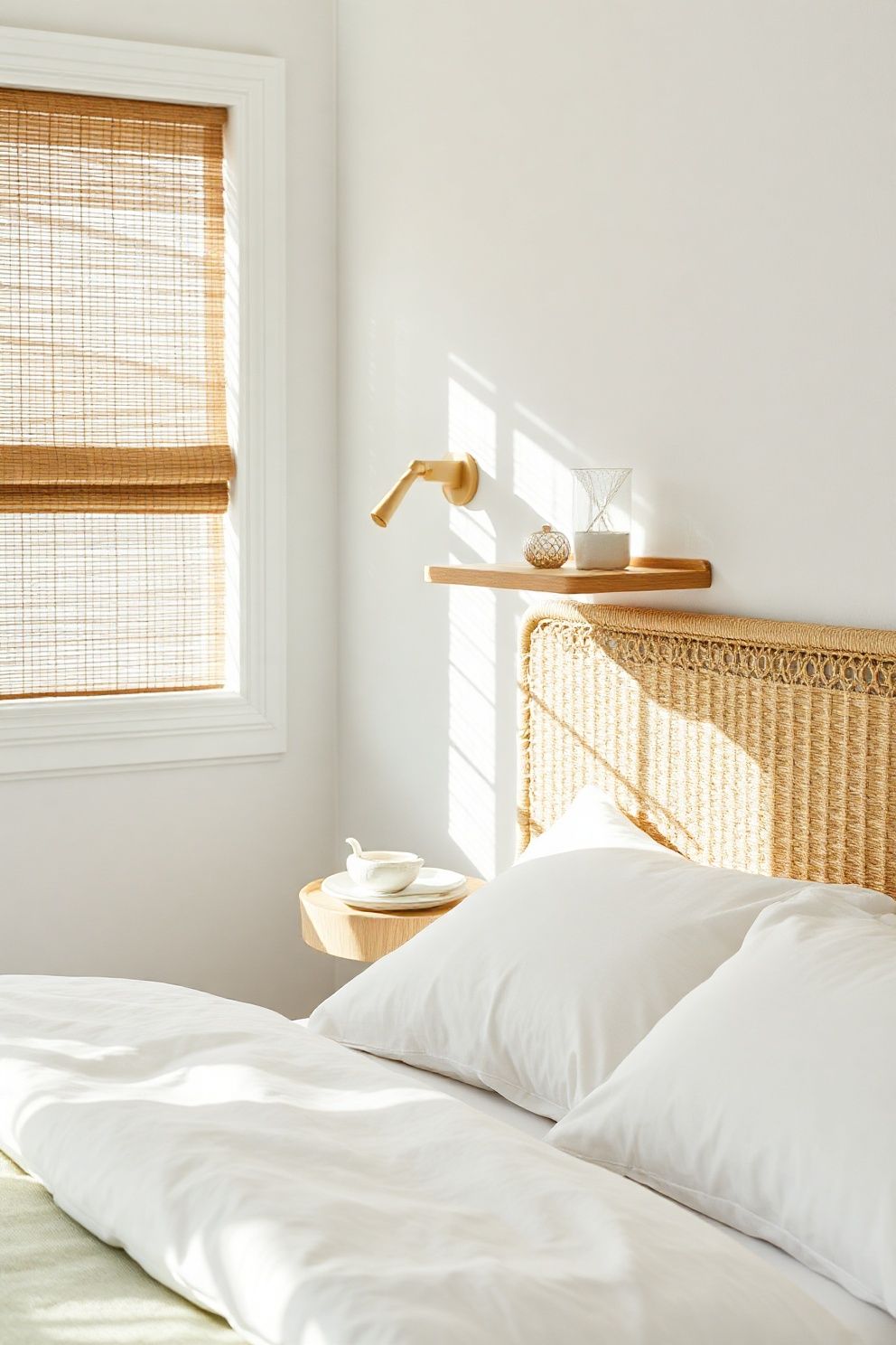 Wall-Mounted Woven Cane Shelf as a Floating Nightstand – coastal — bedroom coastal — bedroom decor · Small Coastal Bedroom: 14 Space-Smart Designs That Feel Like a Beach Retreat