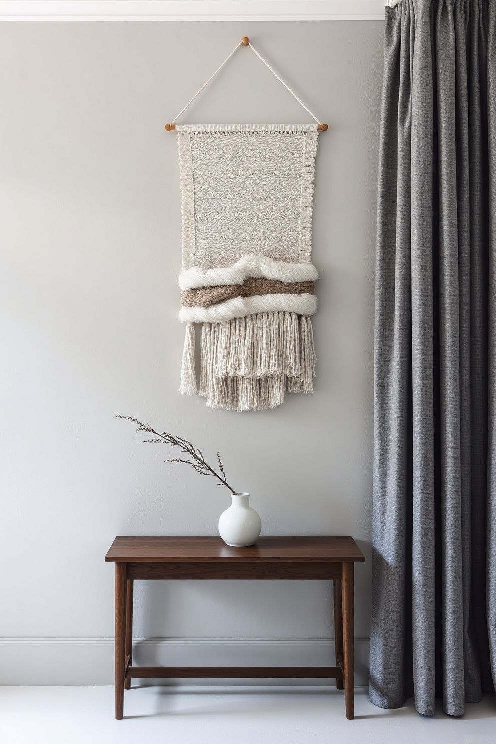 A Woven Wall Hanging in Undyed Wool Above a Low Console – japandi — living room japandi — living room decor · 18 Cozy Japandi Living Room Ideas That Feel Like a Warm Hug