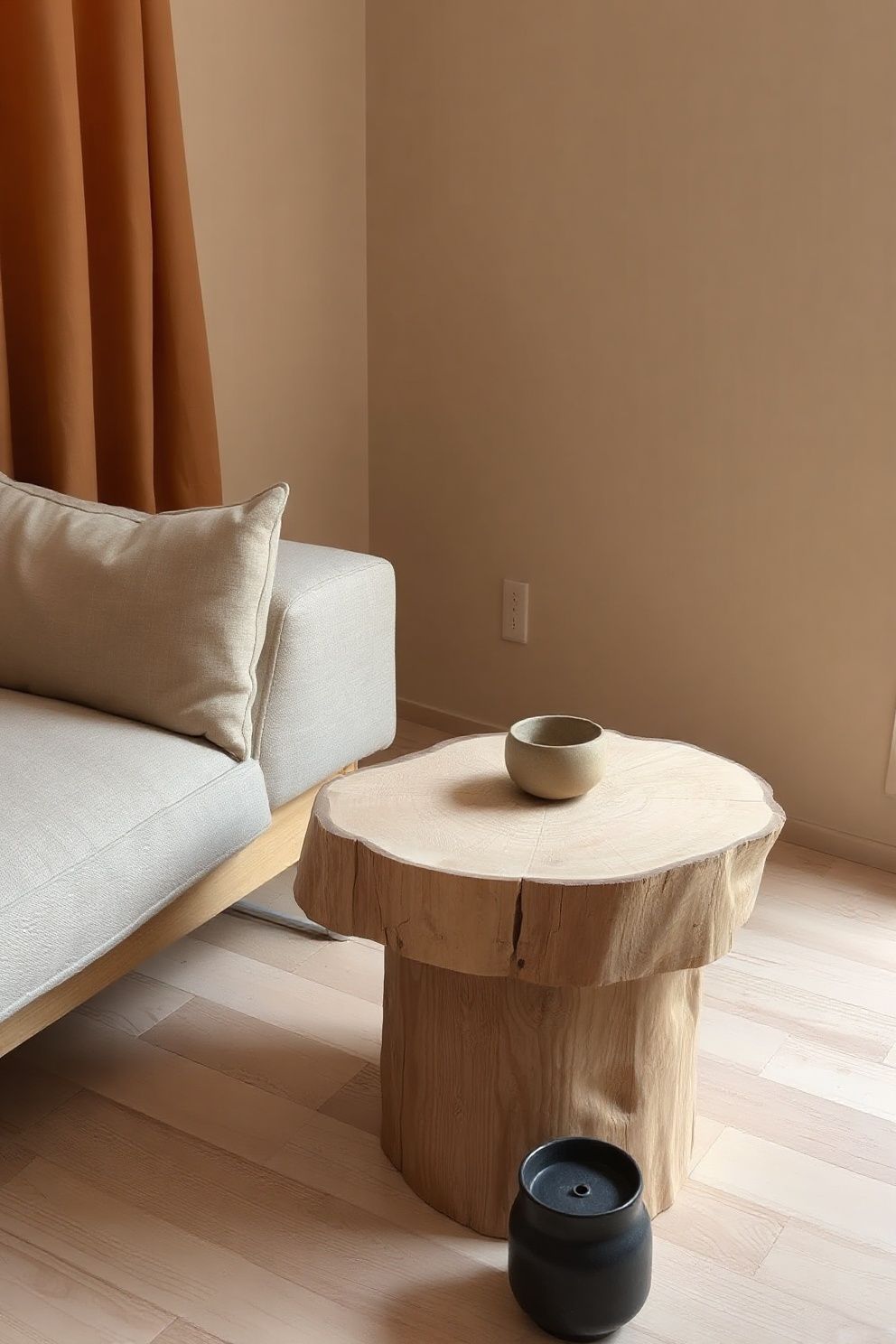 Swap a Standard Side Table for a Flat Stump or Wood Slice at Seat Height – Japandi japandi —-living-room decor · 15 Japandi Living Room Ideas on a Budget That Still Look Expensive