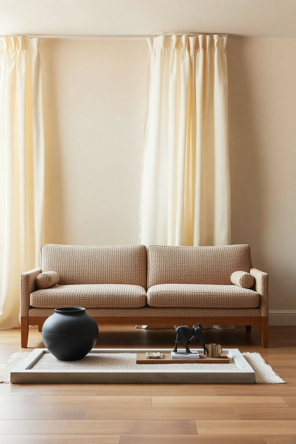 A Boucle Sofa Cover in Oat That Invites You to Sit Down – japandi — living room japandi — living room decor · 18 Cozy Japandi Living Room Ideas That Feel Like a Warm Hug
