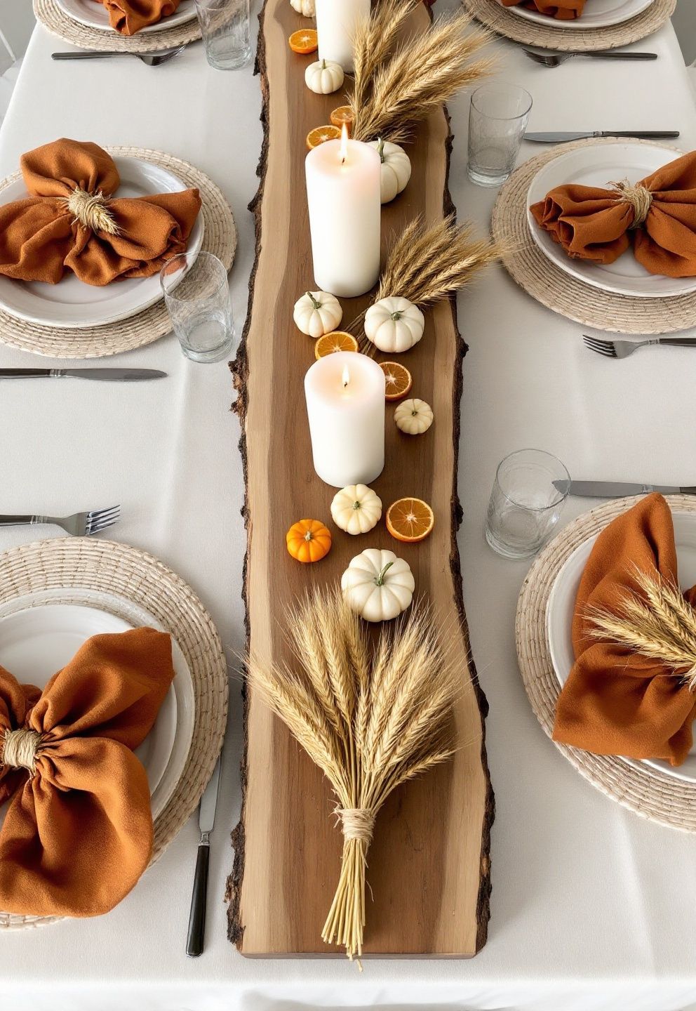 Wood Slab and Wheat Bundle Thanksgiving Tablescape – seasonal — fall seasonal — fall decor · Thanksgiving Tablescape: 16 Stunning Autumn Table Settings for the Big Day