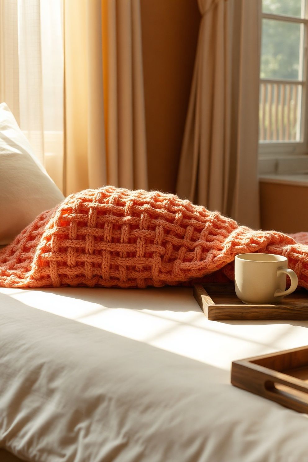 Coral Waffle Coverlet Layered Over a Raw Linen Sand Base Sheet – coastal — bedroom coastal — bedroom decor · Pink Coastal Bedroom: 16 Fresh Feminine Designs That Feel Like a Permanent Holiday