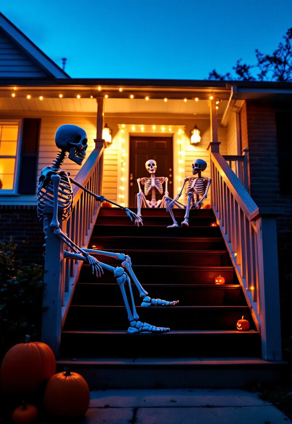 Skeleton Welcome Squad Posed Across the Stairs – seasonal — spring + other seasonal — spring + other decor · Halloween Porch Decor: 16 Dramatic Outdoor Designs That Wow the Whole Street