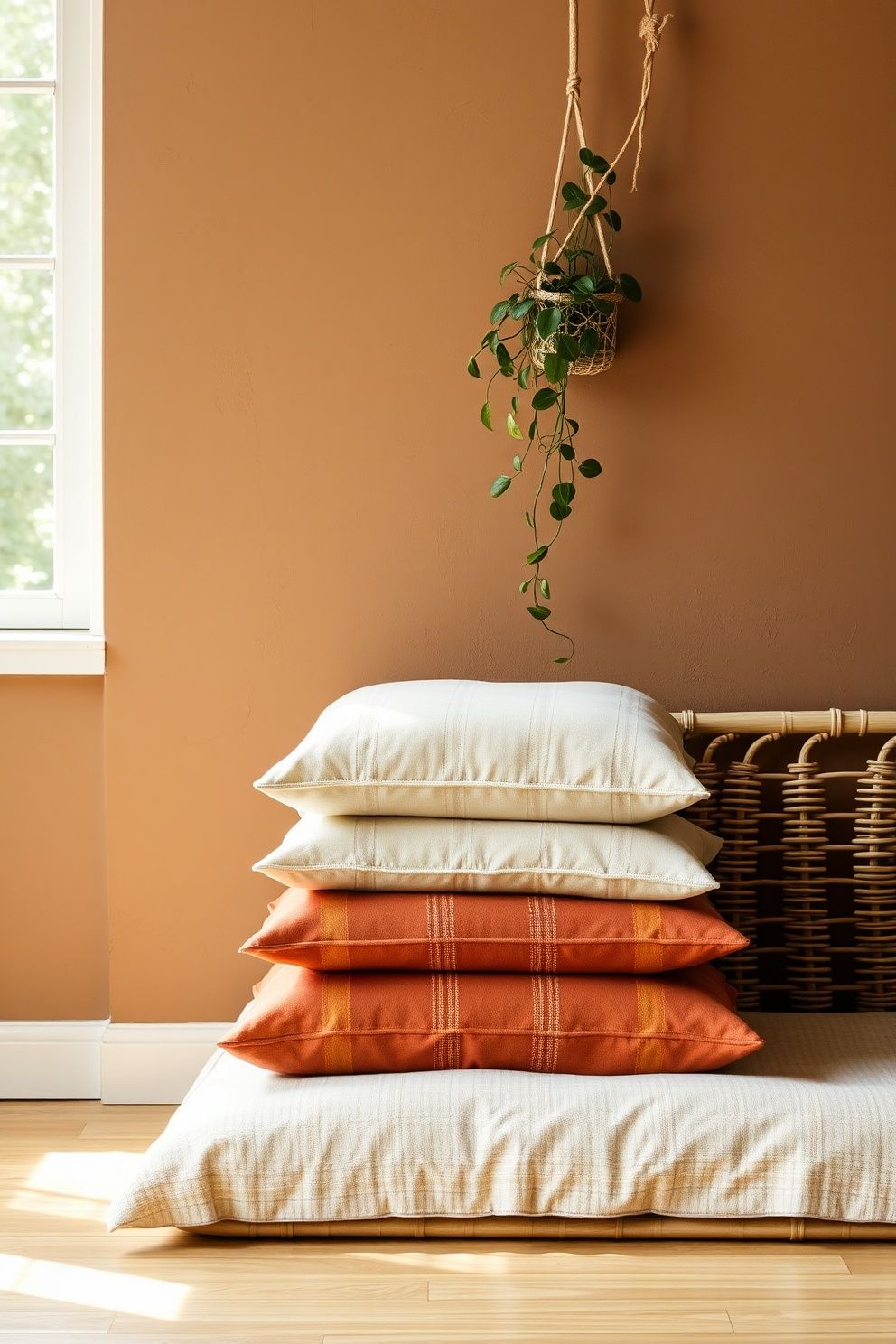 Floor Cushion Stack in Woven Cotton and Vintage Kantha Beside a Low Rattan Bed – coastal — bedroom coastal — bedroom decor · Boho Coastal Bedroom: 15 Relaxed Layered Designs for the Free-Spirited Decorator