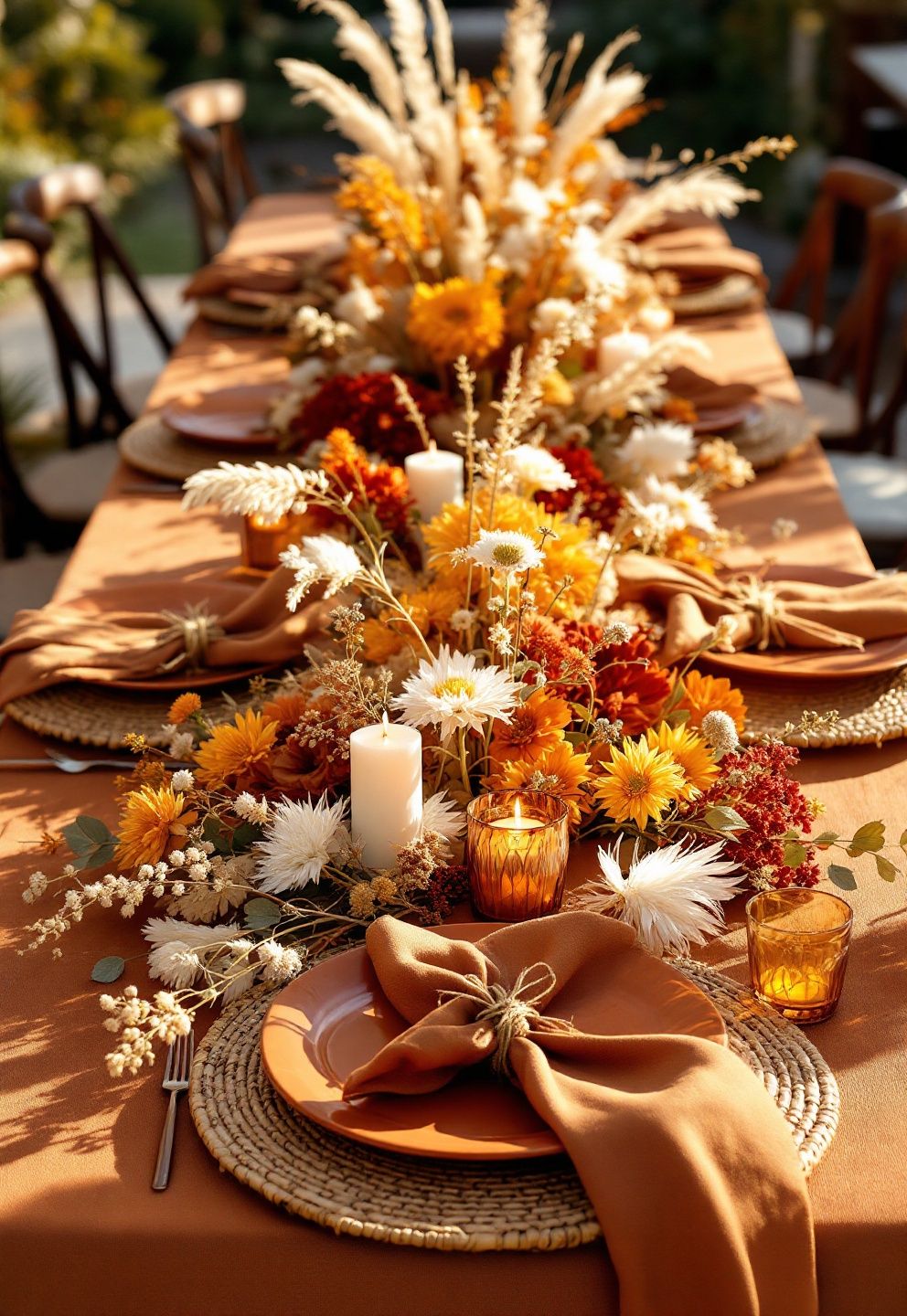 Dried Floral Runner and Terracotta Thanksgiving Tablescape – seasonal — fall seasonal — fall decor · Thanksgiving Tablescape: 16 Stunning Autumn Table Settings for the Big Day