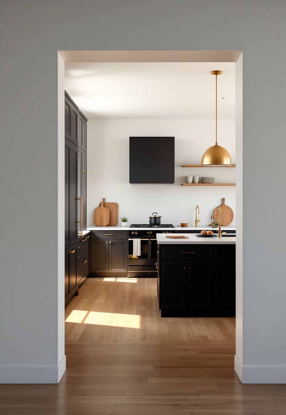 Warm Wood Floor and Brass Accents Against Black Cabinets – seasonal — fall seasonal — fall decor · Fall Kitchen Decor Ideas: 14 Warm Autumn Touches That Make Cooking Feel Seasonal