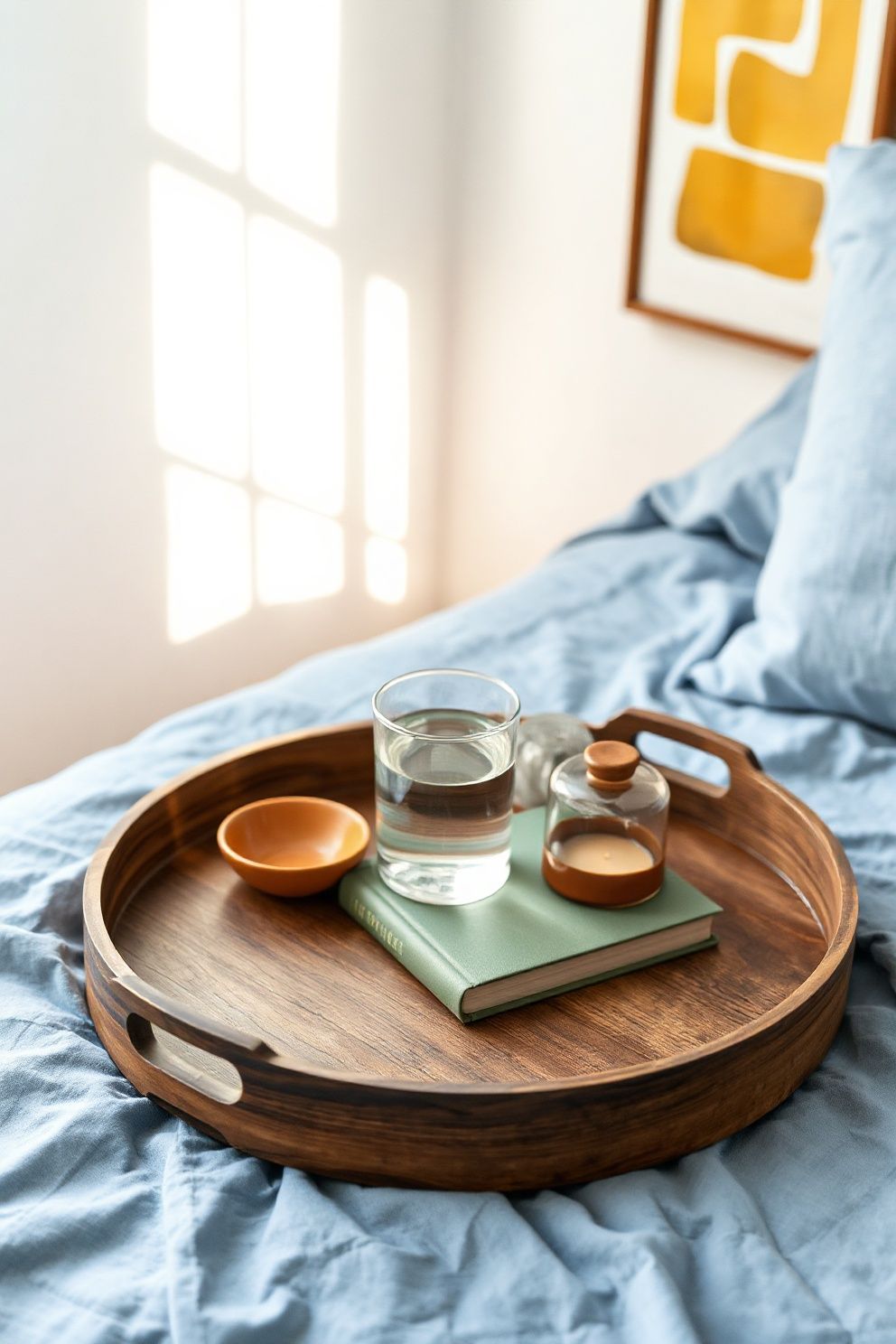 A Round Wooden Tray to Corral Bedside Essentials – Japandi bedroom decor · 17 Japandi Bedroom Decor Ideas for a Sleep Sanctuary You Deserve