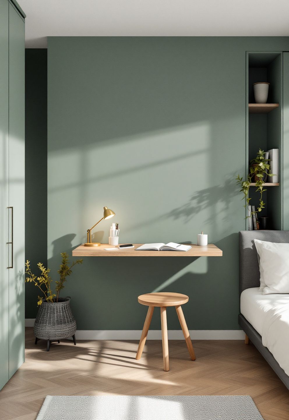 A Fold-Flat Wall-Mounted Desk Under 15cm Deep on Sage Green – japandi — bedroom japandi — bedroom decor · 13 Small Japandi Bedroom Ideas That Feel Spacious and Serene
