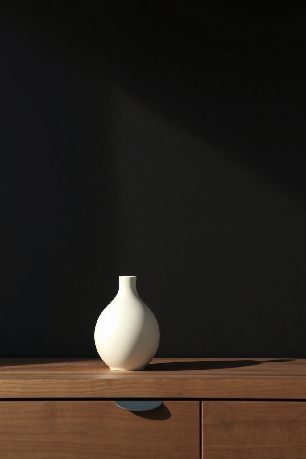 White Slip-Cast Bud Vase on a Dark Shelf – japandi — living room japandi — living room decor · 10 Dark Japandi Living Room Ideas for a Moody Atmospheric Home
