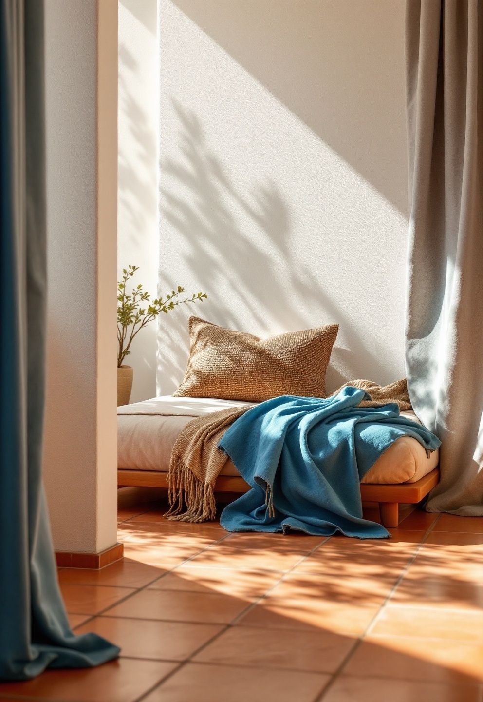 Terracotta Floor Tiles, White Stucco Walls, and Deep Blue Textile Accents in a Sun-Flooded Room – coastal — bedroom coastal — bedroom decor · California Coastal Bedroom: 14 Laid-Back Golden State Designs That Feel Like Permanent Summer